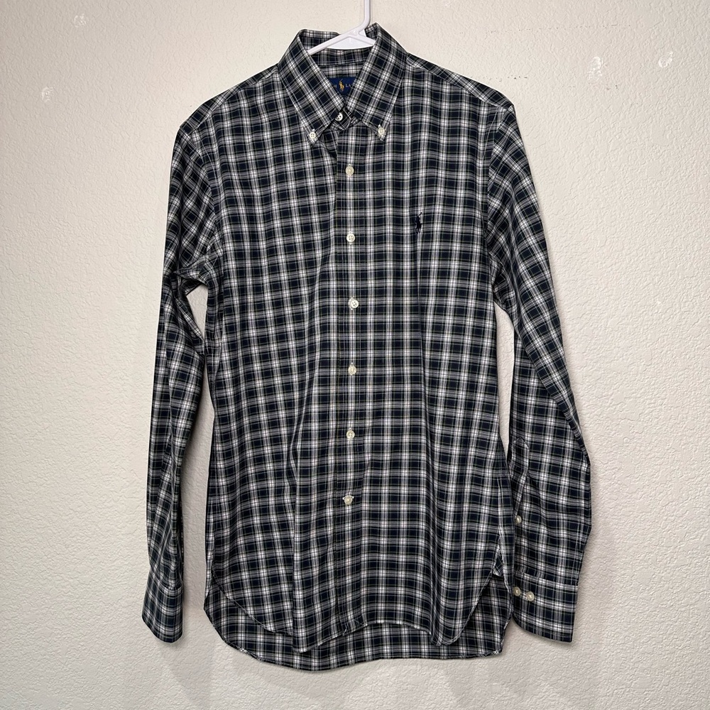 Ralph Lauren Mens Plaid Button Down Shirt Custom Fit Navy  Cotton Stretch 14.5‎
